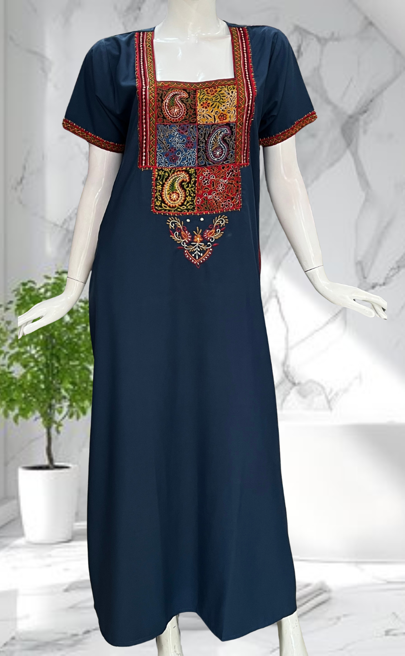 Indigo Blue Bhopali Embroidery Soft Cotton Nighty. Soft Breathable Fabric | Laces and Frills