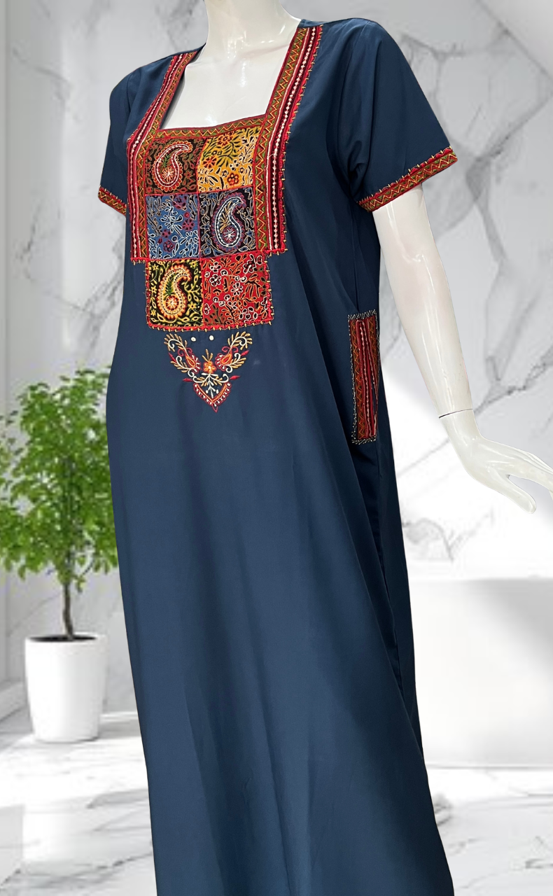 Indigo Blue Bhopali Embroidery Soft Cotton Nighty. Soft Breathable Fabric | Laces and Frills