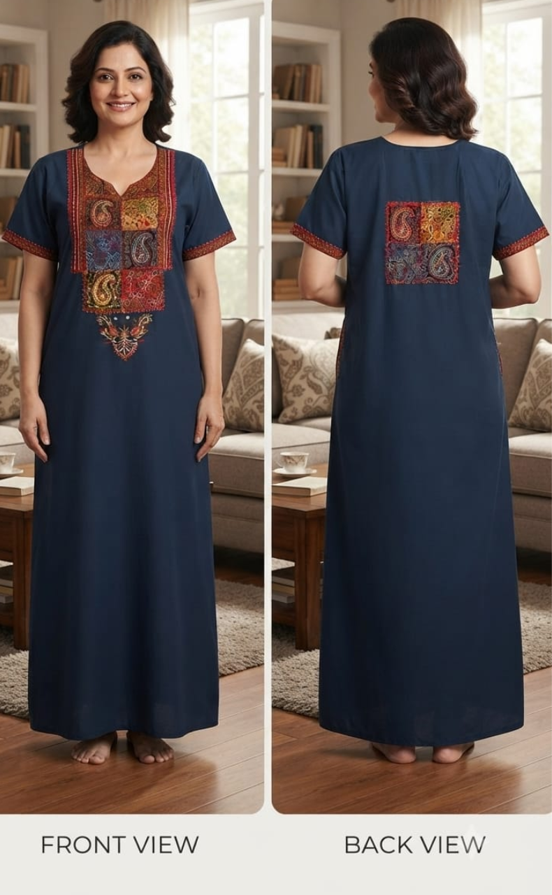Indigo Blue Bhopali Embroidery Soft Cotton Nighty. Soft Breathable Fabric | Laces and Frills