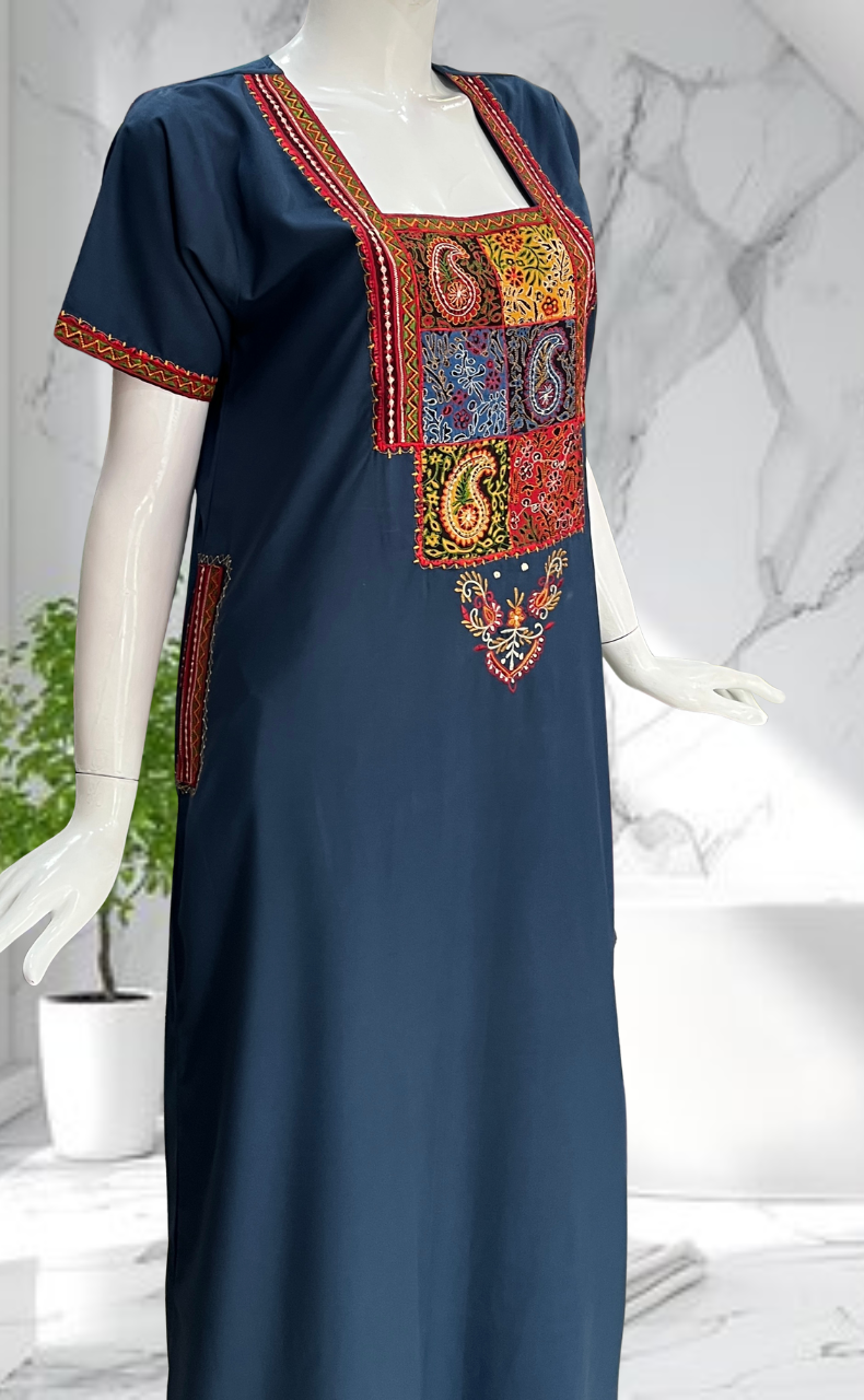 Indigo Blue Bhopali Embroidery Soft Cotton Nighty. Soft Breathable Fabric | Laces and Frills