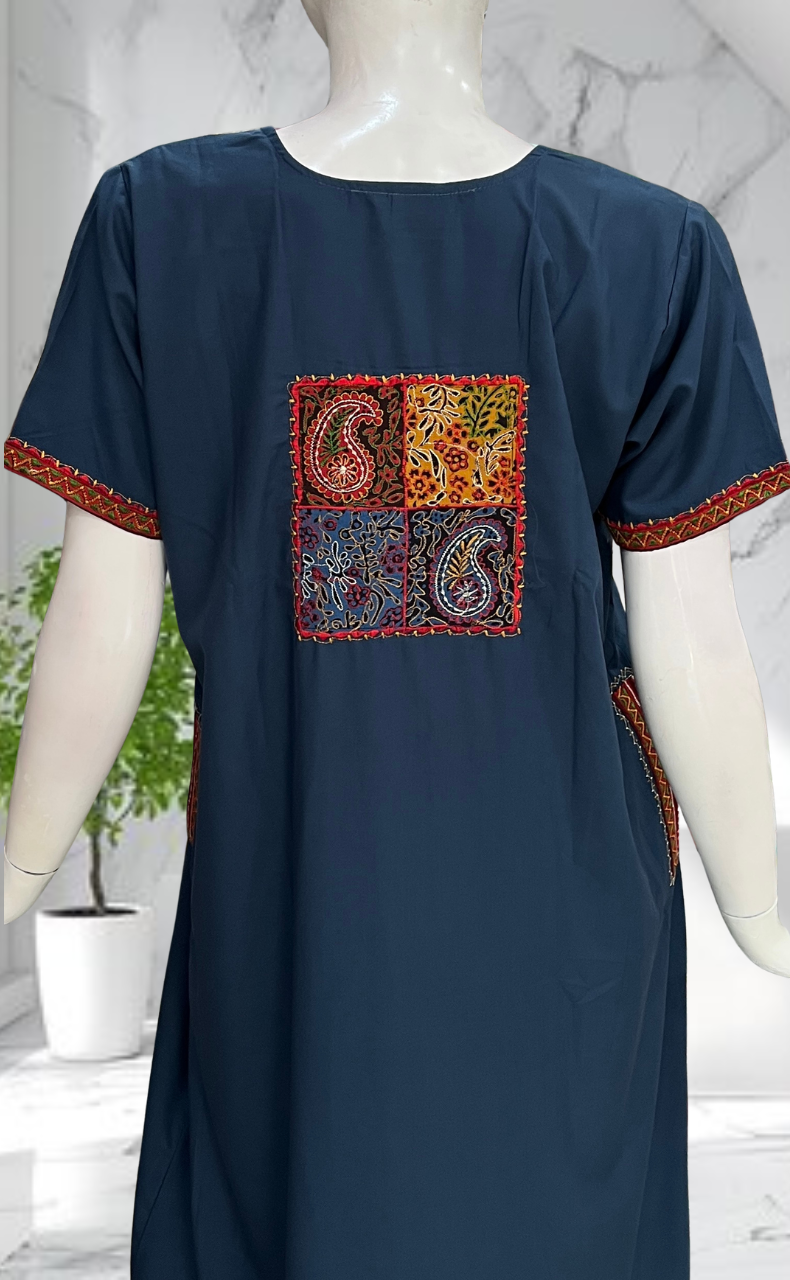 Indigo Blue Bhopali Embroidery Soft Cotton Nighty. Soft Breathable Fabric | Laces and Frills