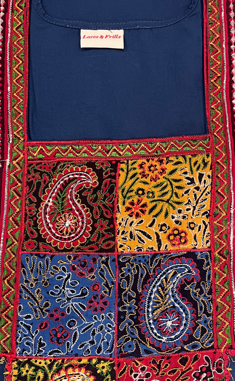 Indigo Blue Bhopali Embroidery Soft Cotton Nighty. Soft Breathable Fabric | Laces and Frills