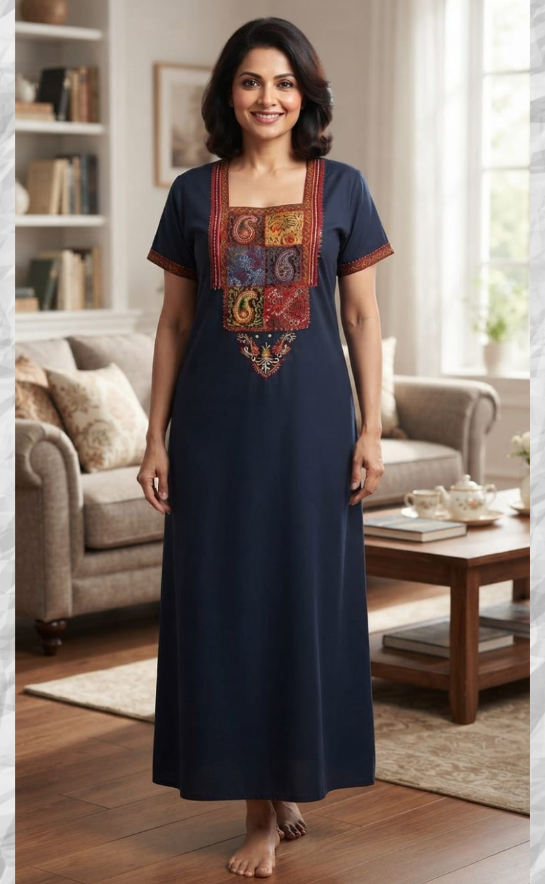 Indigo Blue Bhopali Embroidery Soft Cotton Nighty. Soft Breathable Fabric | Laces and Frills