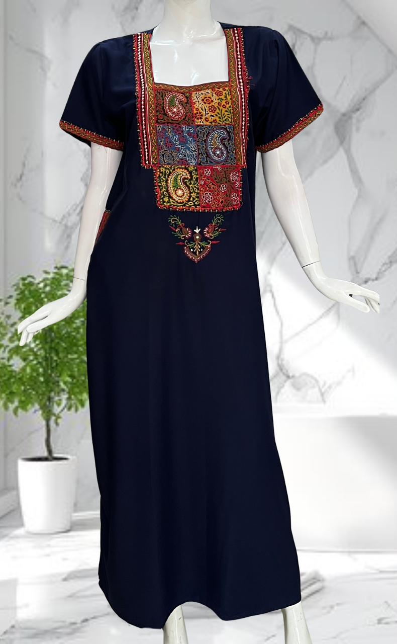 Navy Blue Bhopali Embroidery Soft Cotton Nighty. Soft Breathable Fabric | Laces and Frills