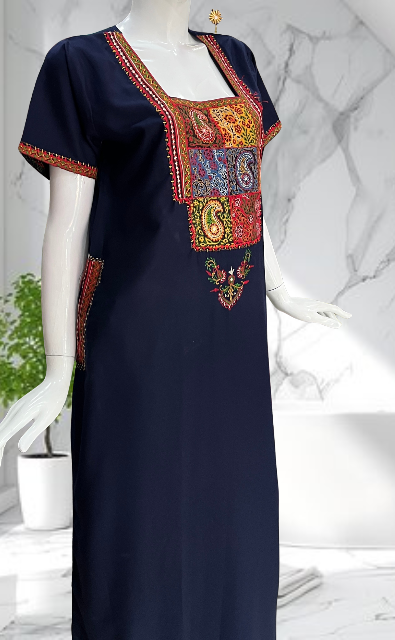 Navy Blue Bhopali Embroidery Soft Cotton Nighty. Soft Breathable Fabric | Laces and Frills