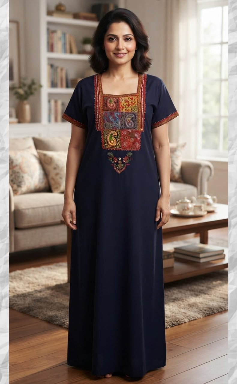 Navy Blue Bhopali Embroidery Soft Cotton Nighty. Soft Breathable Fabric | Laces and Frills