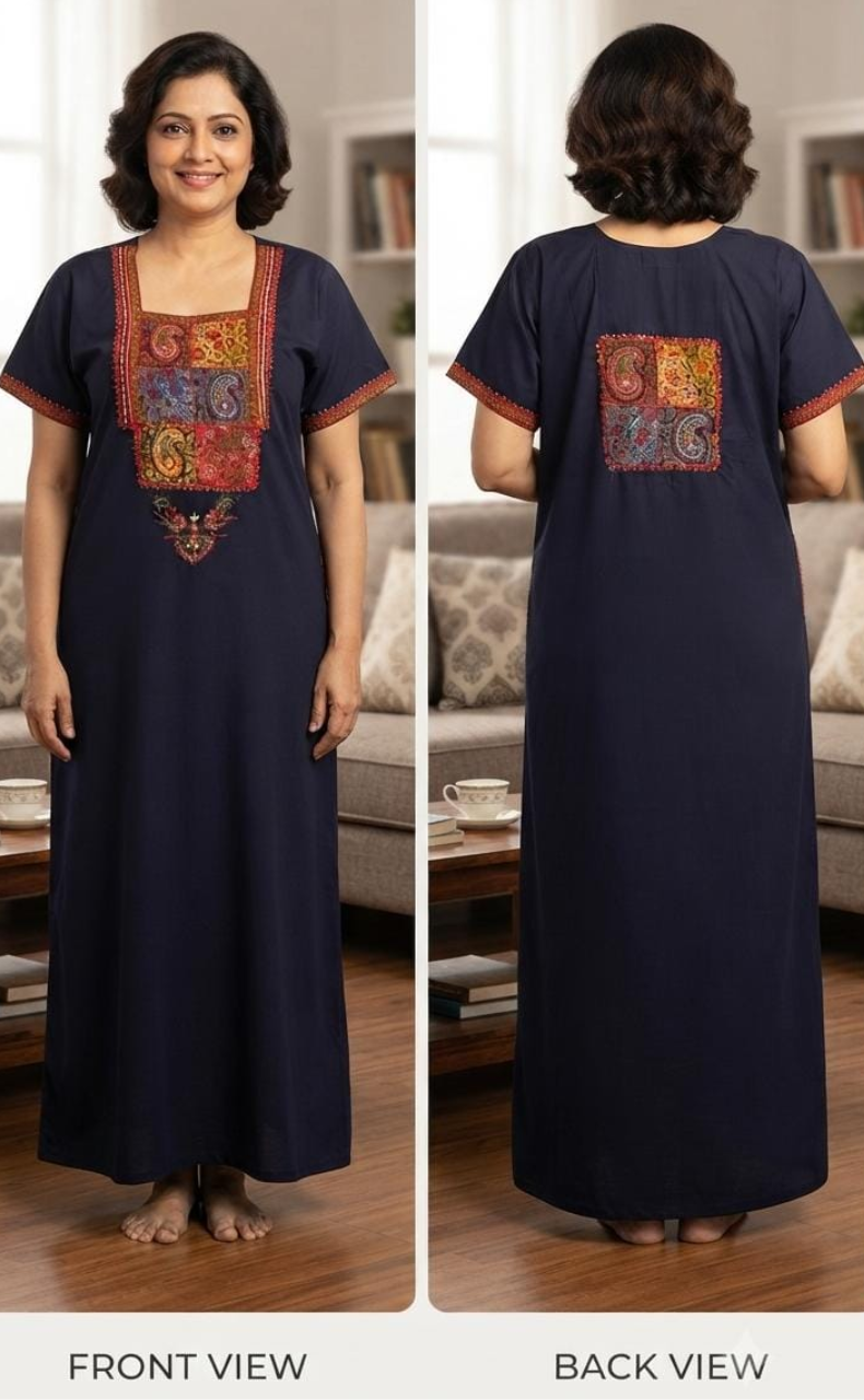 Navy Blue Bhopali Embroidery Soft Cotton Nighty. Soft Breathable Fabric | Laces and Frills