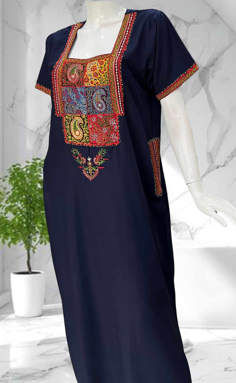 Navy Blue Bhopali Embroidery Soft Cotton Nighty. Soft Breathable Fabric | Laces and Frills