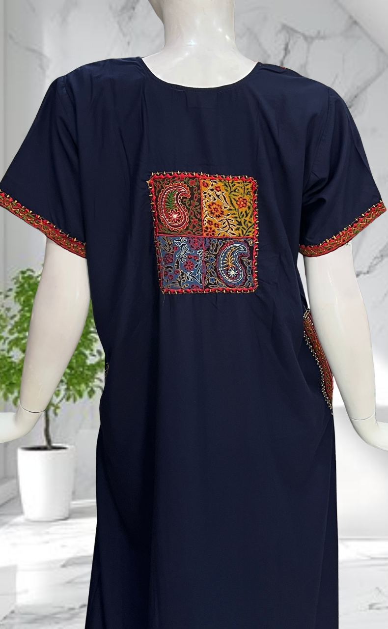 Navy Blue Bhopali Embroidery Soft Cotton Nighty. Soft Breathable Fabric | Laces and Frills