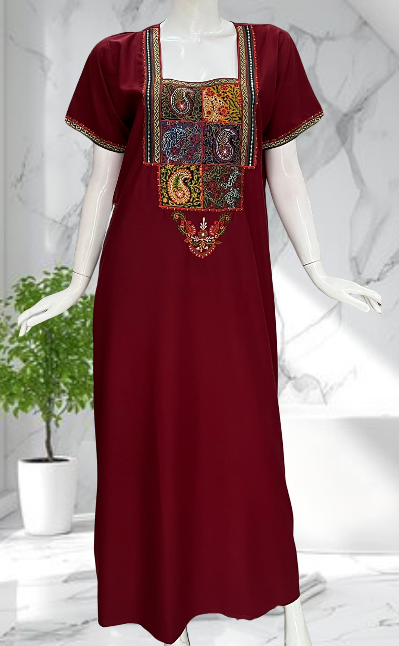 Maroon Bhopali Embroidery Soft Cotton Nighty. Soft Breathable Fabric | Laces and Frills