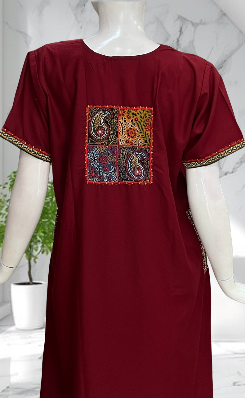 Maroon Bhopali Embroidery Soft Cotton Nighty. Soft Breathable Fabric | Laces and Frills
