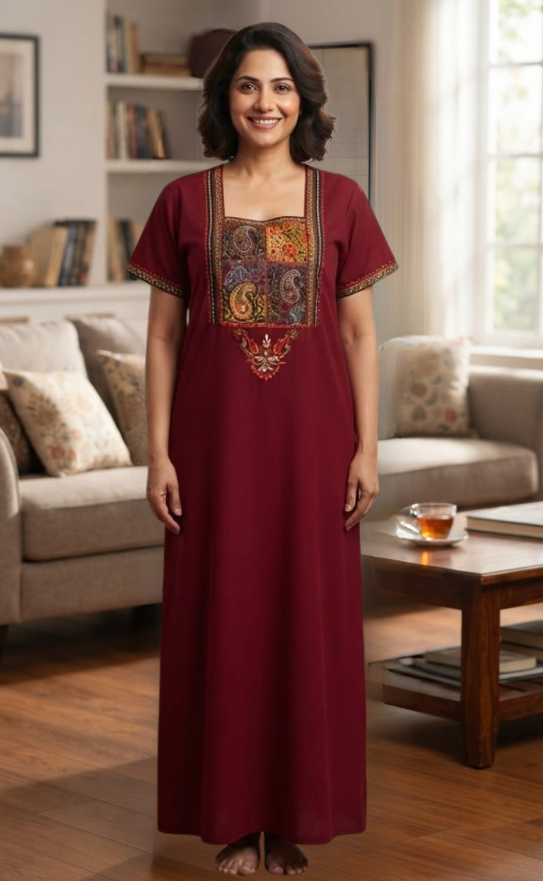Maroon Bhopali Embroidery Soft Cotton Nighty. Soft Breathable Fabric | Laces and Frills