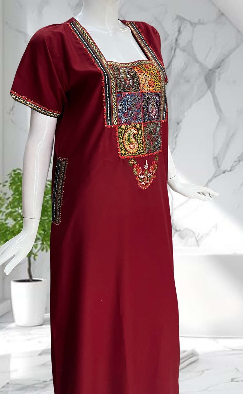 Maroon Bhopali Embroidery Soft Cotton Nighty. Soft Breathable Fabric | Laces and Frills