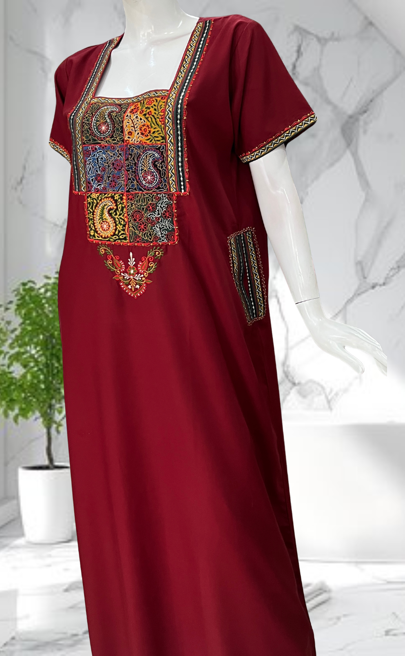 Maroon Bhopali Embroidery Soft Cotton Nighty. Soft Breathable Fabric | Laces and Frills