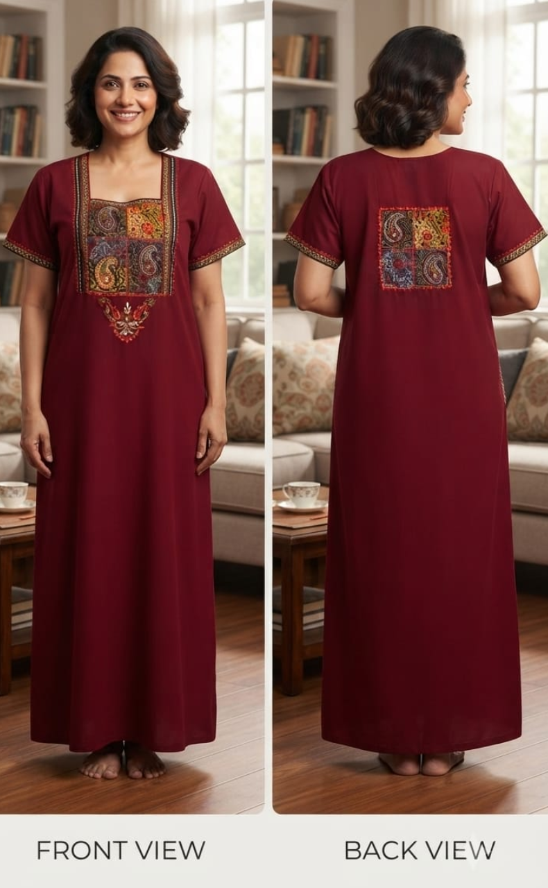 Maroon Bhopali Embroidery Soft Cotton Nighty. Soft Breathable Fabric | Laces and Frills
