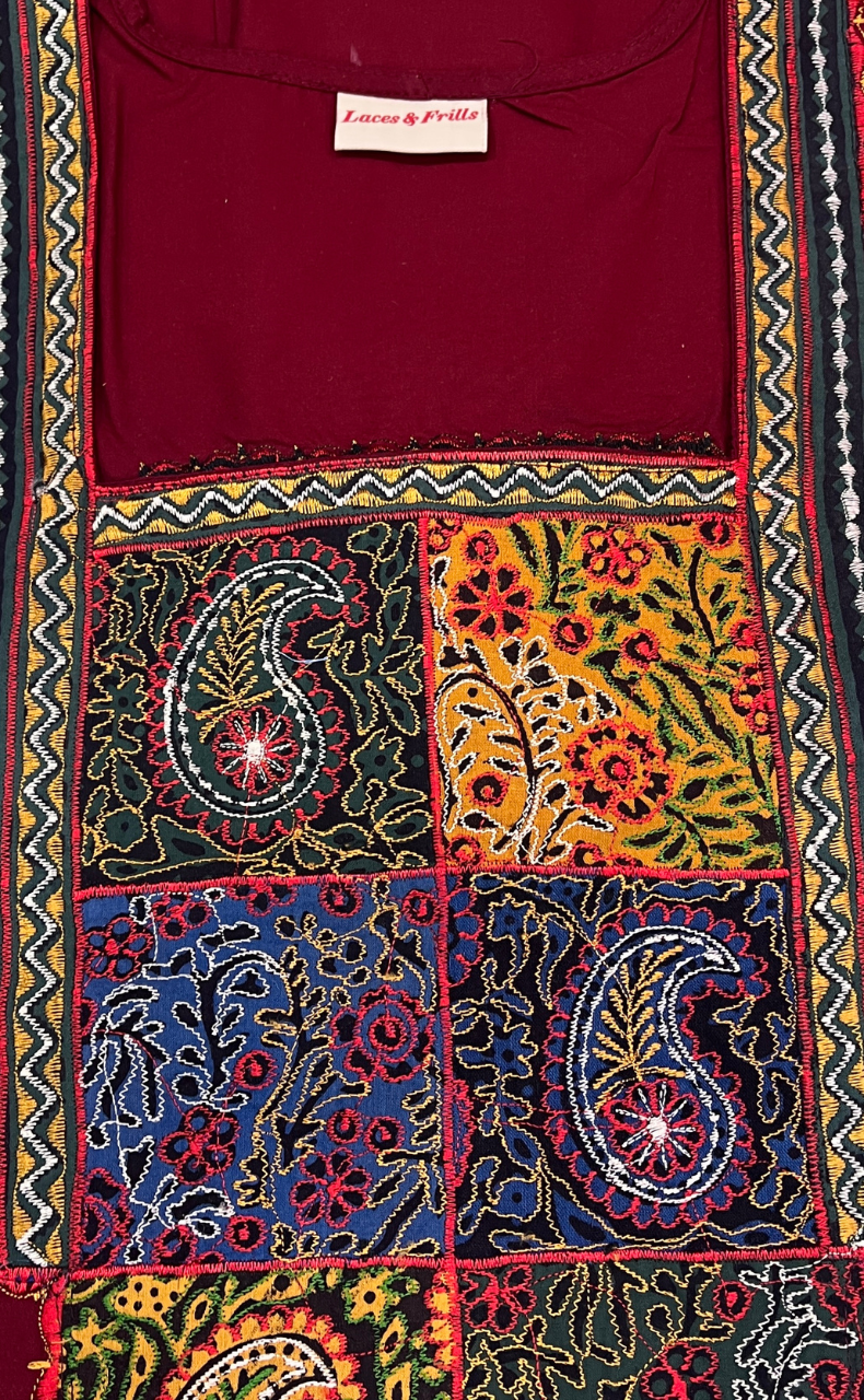 Maroon Bhopali Embroidery Soft Cotton Nighty. Soft Breathable Fabric | Laces and Frills