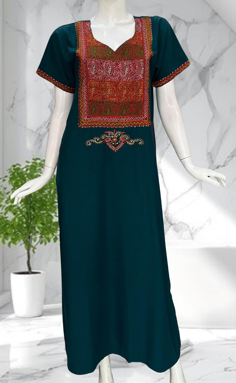 Teal Green Bhopali Embroidery Soft Cotton Nighty. Soft Breathable Fabric | Laces and Frills