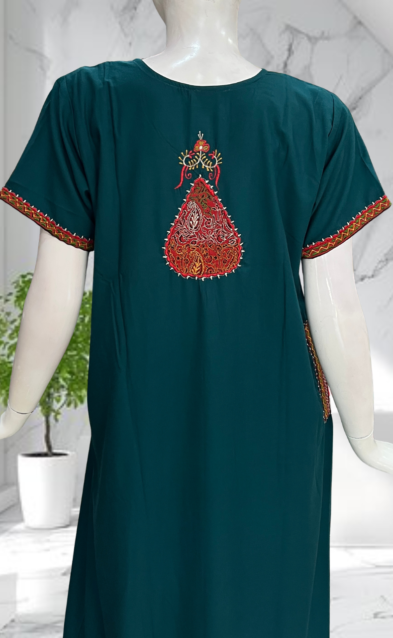 Teal Green Bhopali Embroidery Soft Cotton Nighty. Soft Breathable Fabric | Laces and Frills