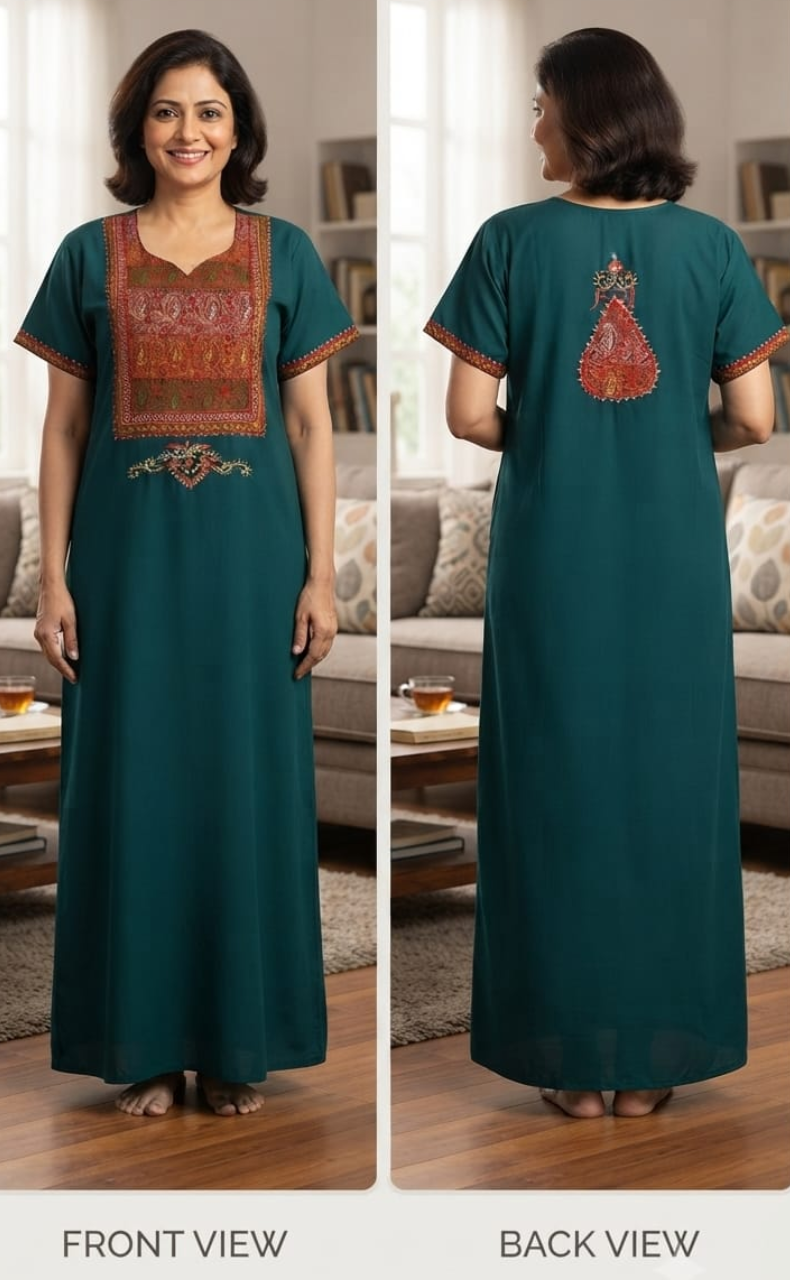Teal Green Bhopali Embroidery Soft Cotton Nighty. Soft Breathable Fabric | Laces and Frills