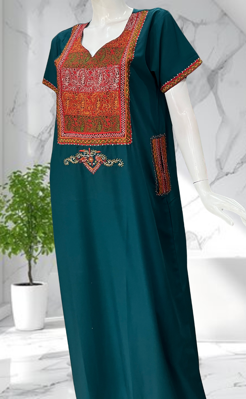 Teal Green Bhopali Embroidery Soft Cotton Nighty. Soft Breathable Fabric | Laces and Frills
