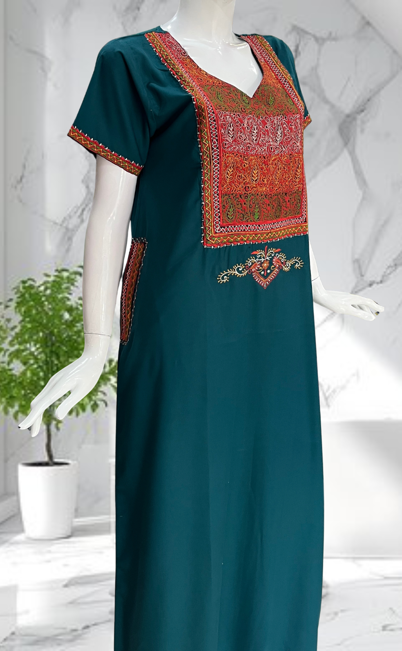 Teal Green Bhopali Embroidery Soft Cotton Nighty. Soft Breathable Fabric | Laces and Frills