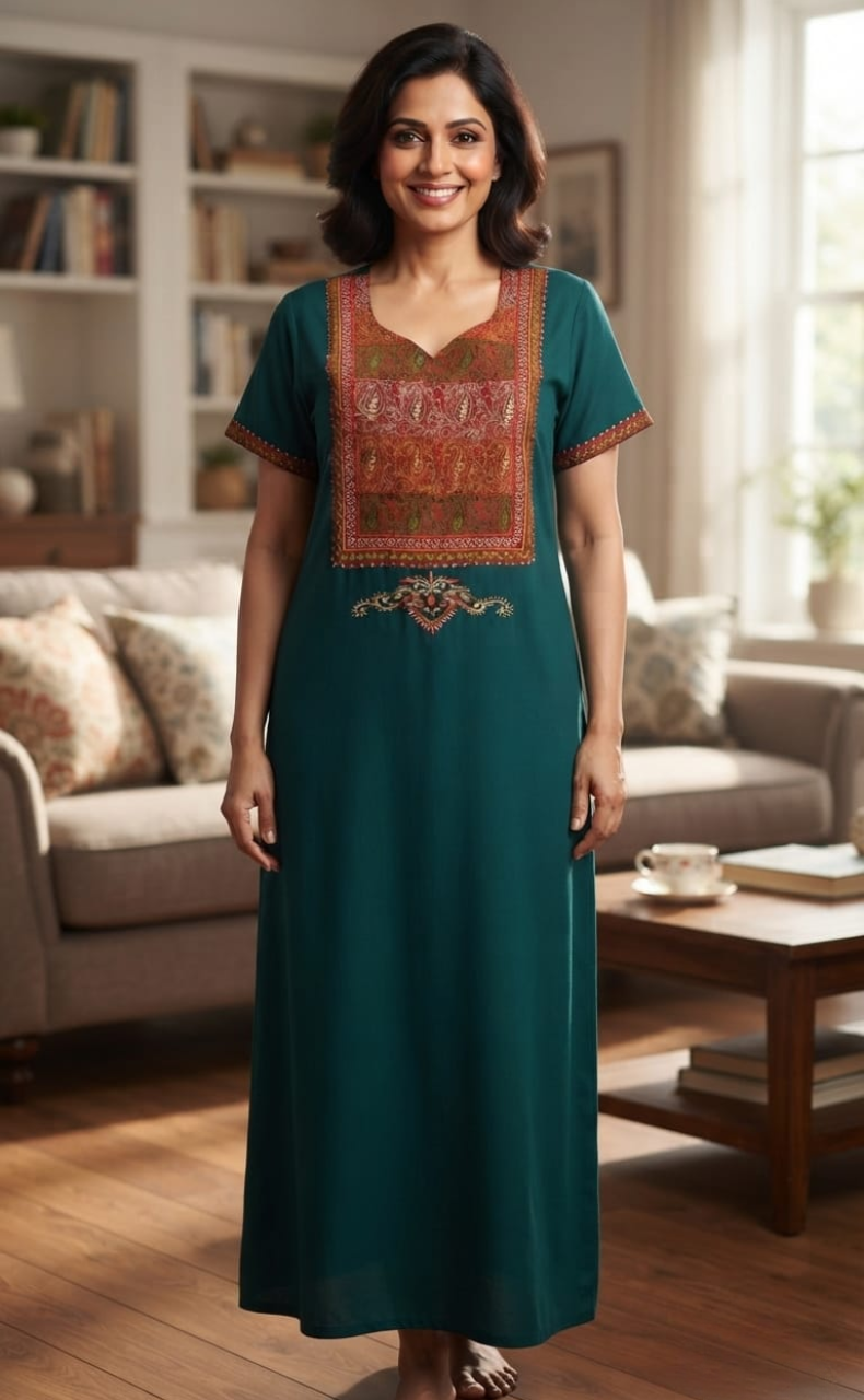Teal Green Bhopali Embroidery Soft Cotton Nighty. Soft Breathable Fabric | Laces and Frills