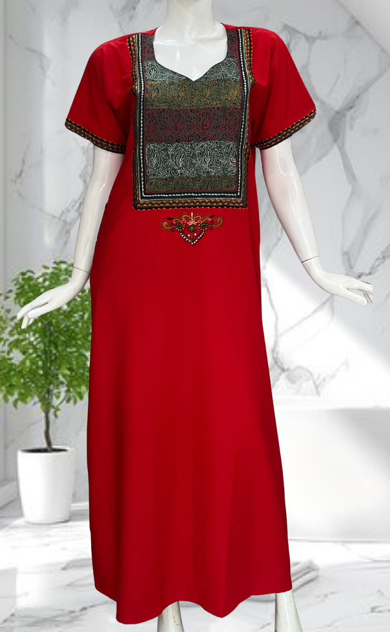 Red Bhopali Embroidery Soft Cotton Nighty. Soft Breathable Fabric | Laces and Frills