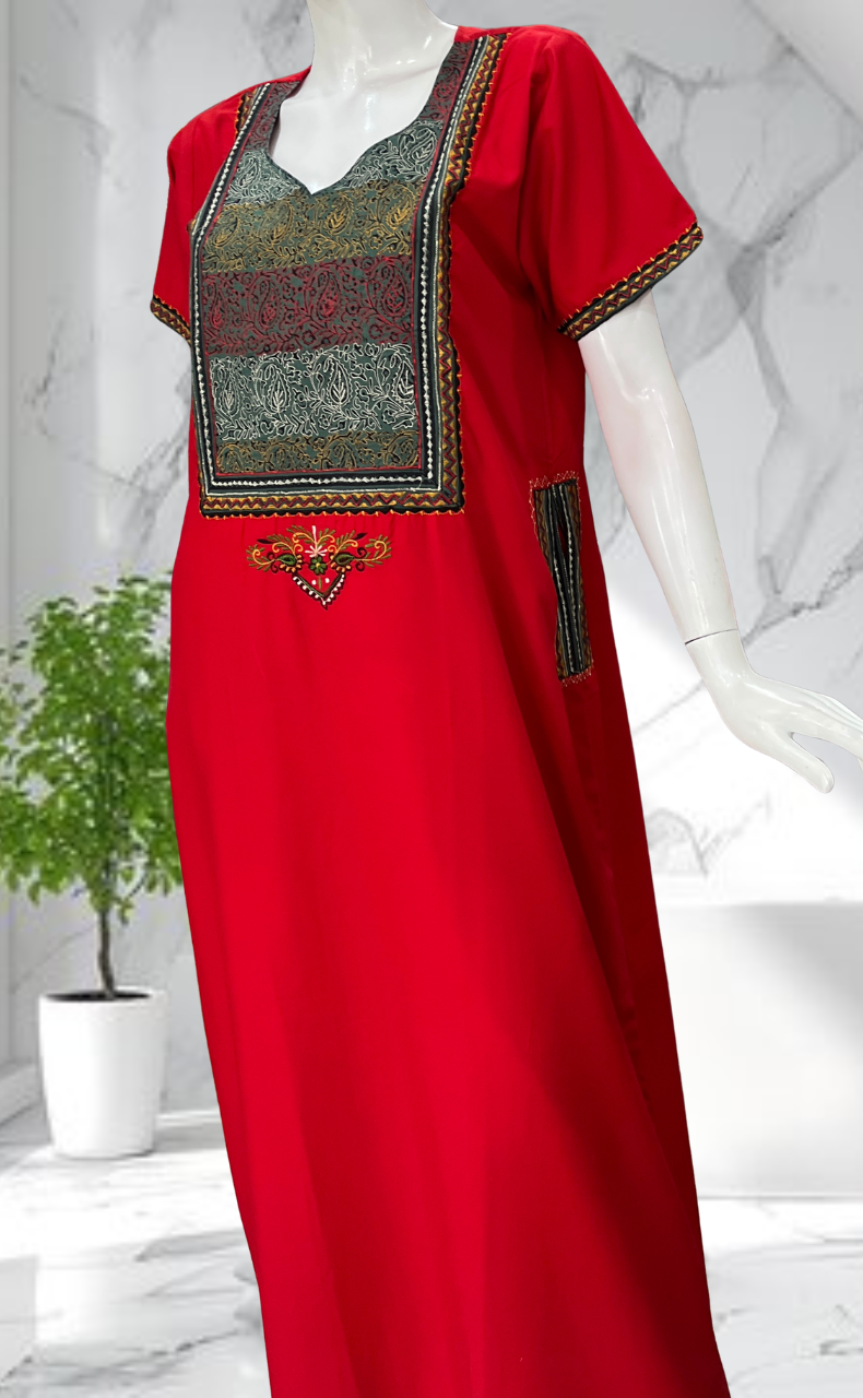 Red Bhopali Embroidery Soft Cotton Nighty. Soft Breathable Fabric | Laces and Frills