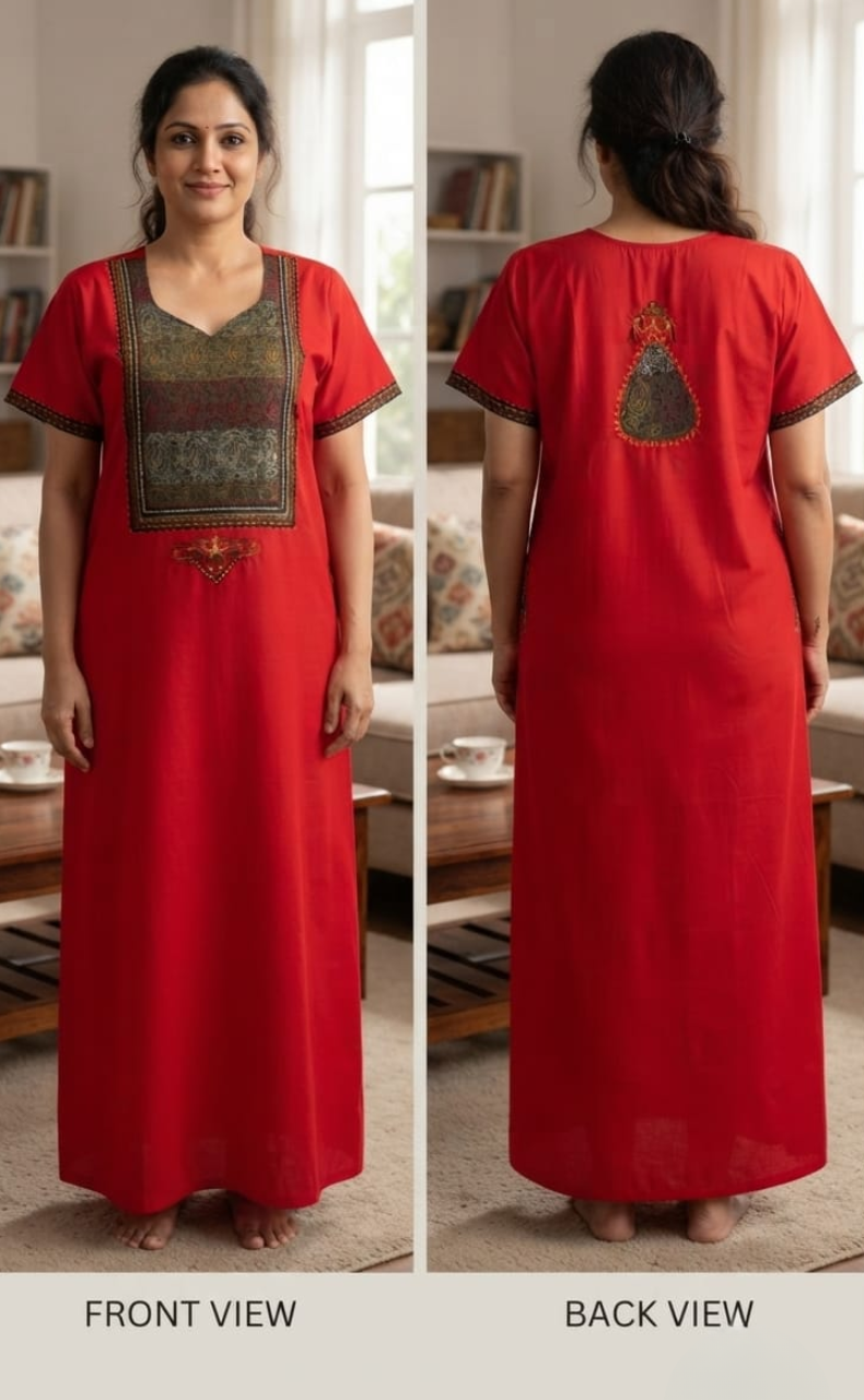Red Bhopali Embroidery Soft Cotton Nighty. Soft Breathable Fabric | Laces and Frills