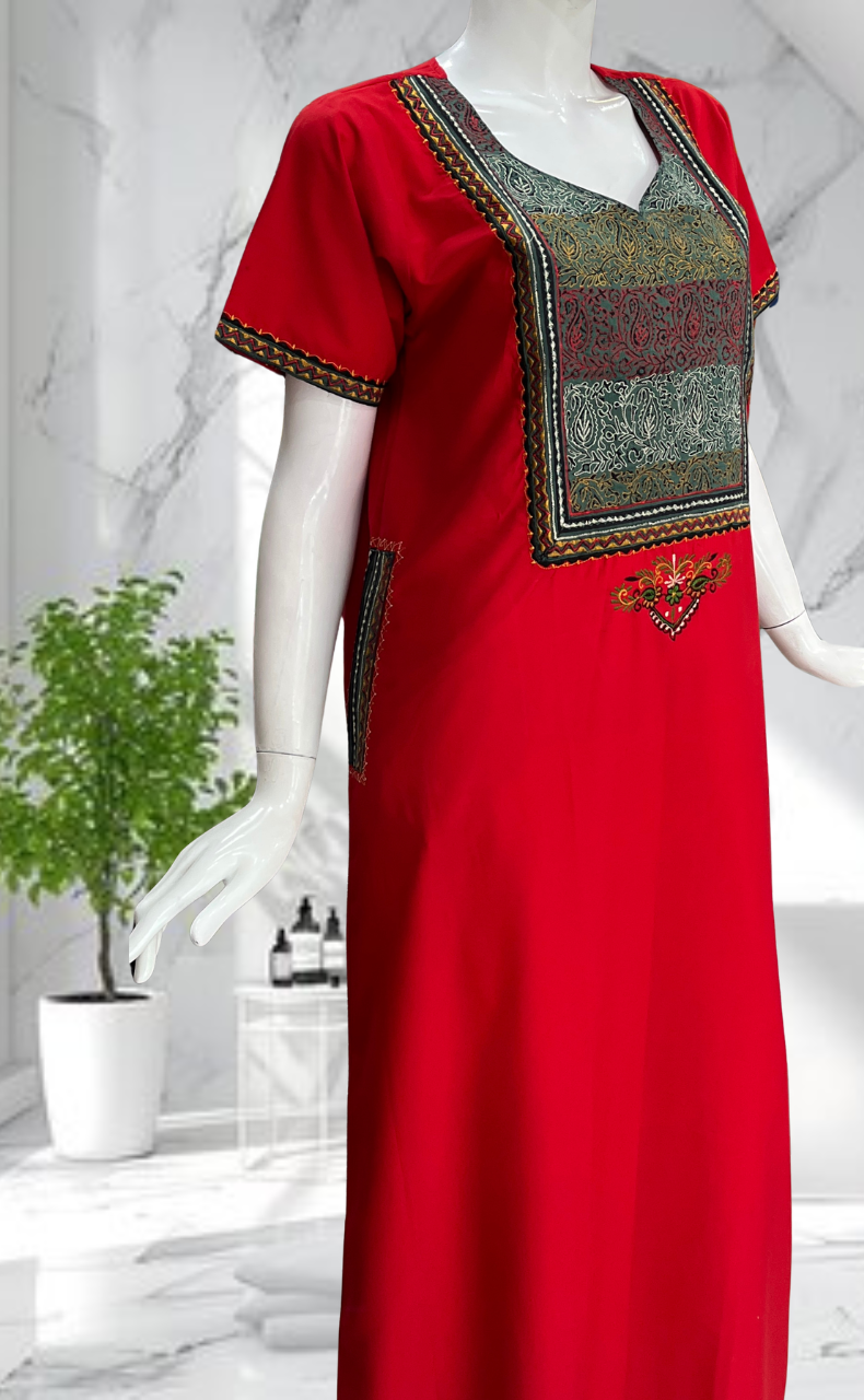Red Bhopali Embroidery Soft Cotton Nighty. Soft Breathable Fabric | Laces and Frills