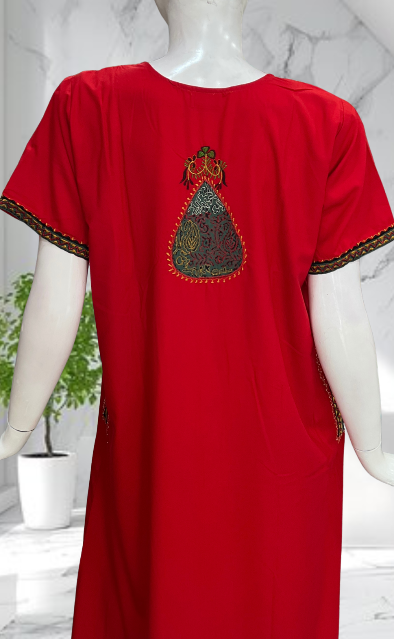 Red Bhopali Embroidery Soft Cotton Nighty. Soft Breathable Fabric | Laces and Frills
