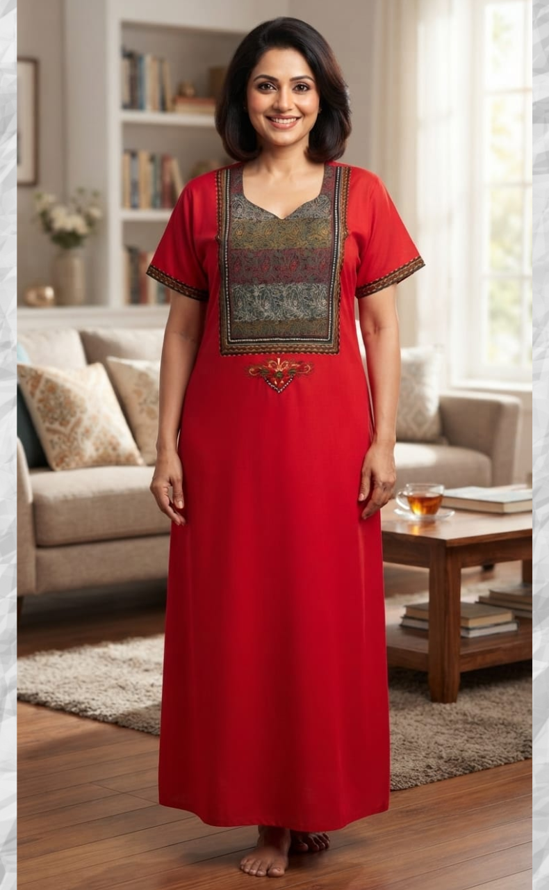 Red Bhopali Embroidery Soft Cotton Nighty. Soft Breathable Fabric | Laces and Frills