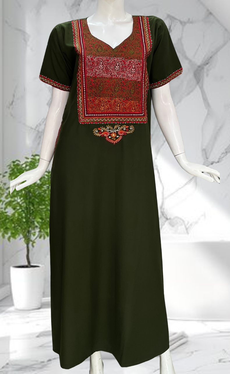 Olive Green Bhopali Embroidery Soft Cotton Nighty. Soft Breathable Fabric | Laces and Frills