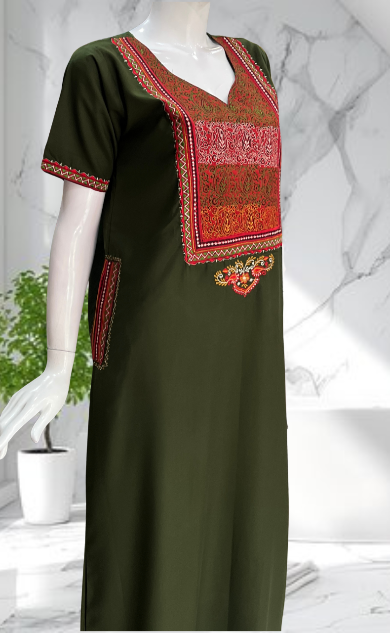 Olive Green Bhopali Embroidery Soft Cotton Nighty. Soft Breathable Fabric | Laces and Frills
