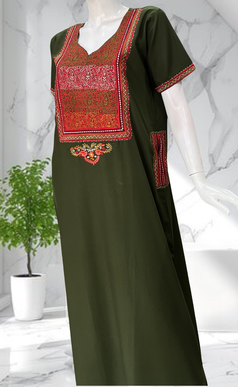 Olive Green Bhopali Embroidery Soft Cotton Nighty. Soft Breathable Fabric | Laces and Frills