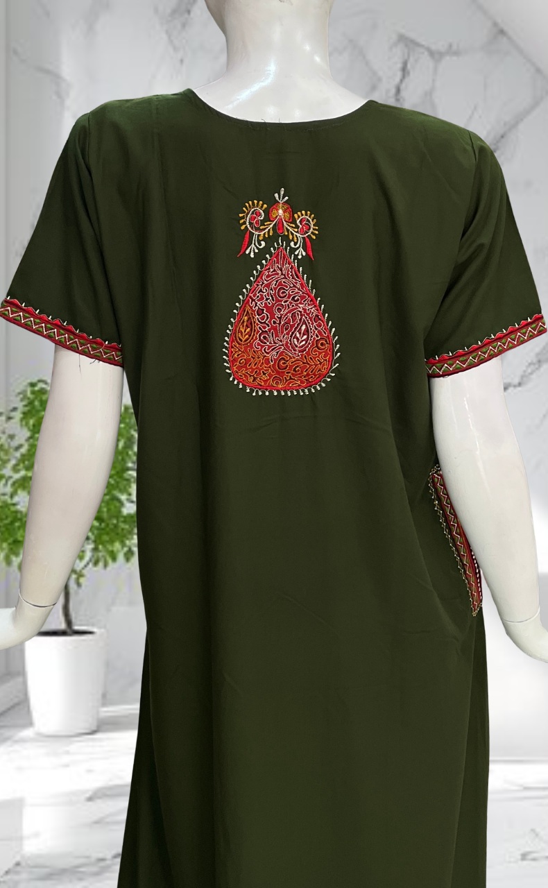 Olive Green Bhopali Embroidery Soft Cotton Nighty. Soft Breathable Fabric | Laces and Frills