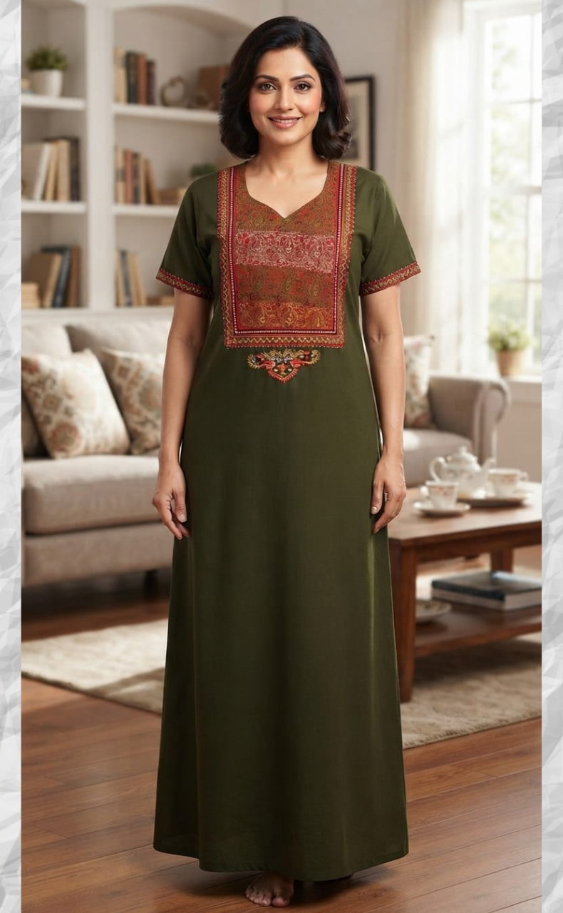 Olive Green Bhopali Embroidery Soft Cotton Nighty. Soft Breathable Fabric | Laces and Frills