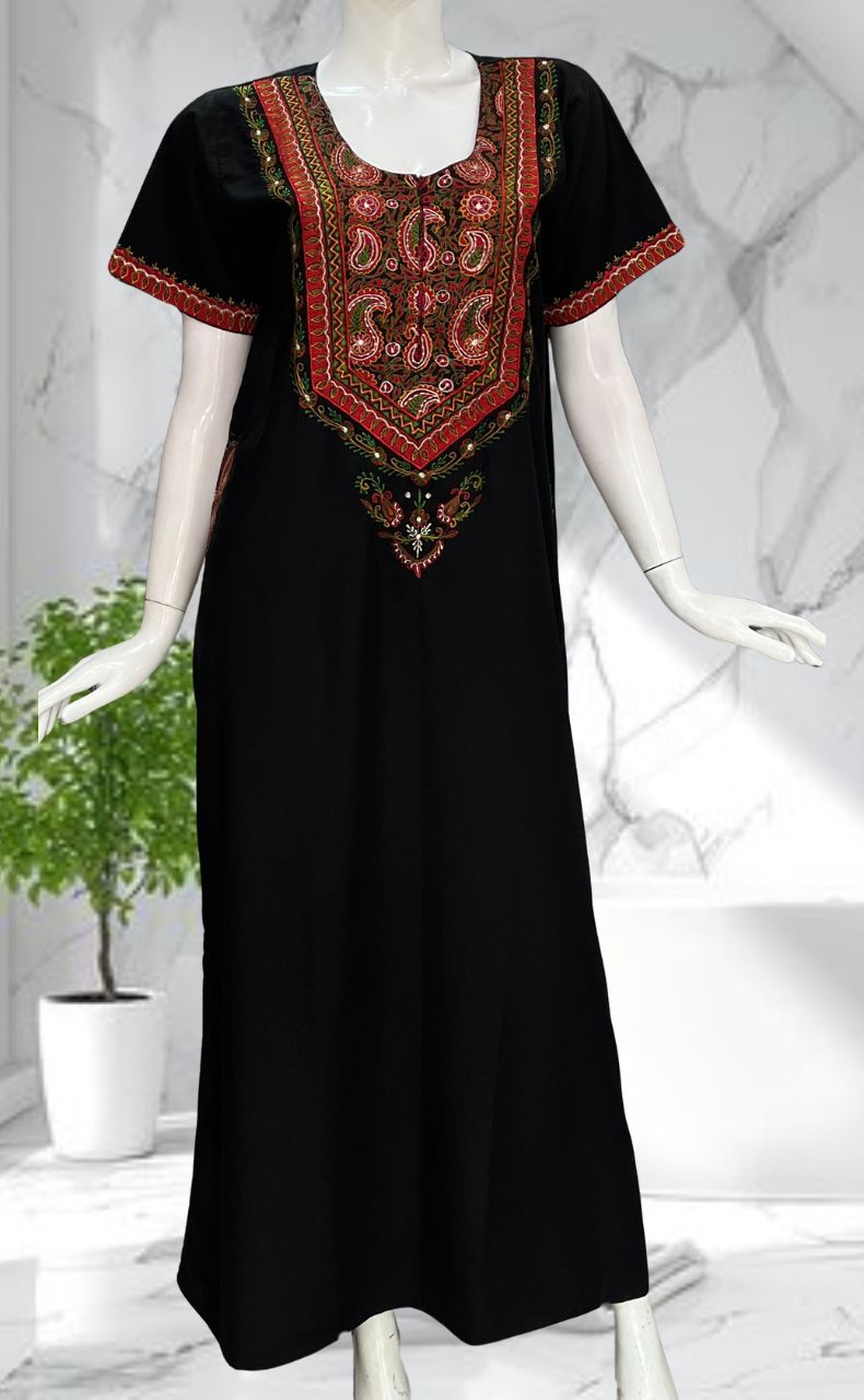 Black Bhopali Embroidery Soft Cotton Nighty. Soft Breathable Fabric | Laces and Frills