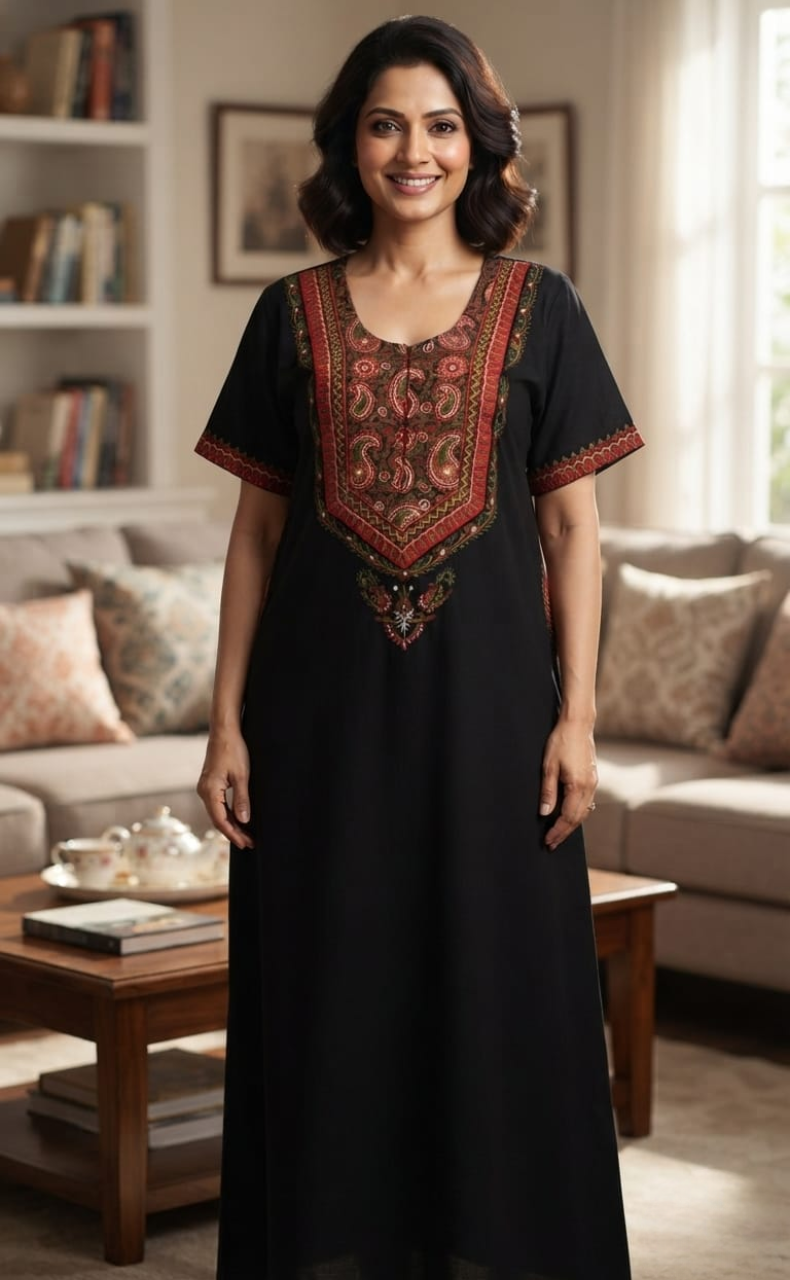 Black Bhopali Embroidery Soft Cotton Nighty. Soft Breathable Fabric | Laces and Frills