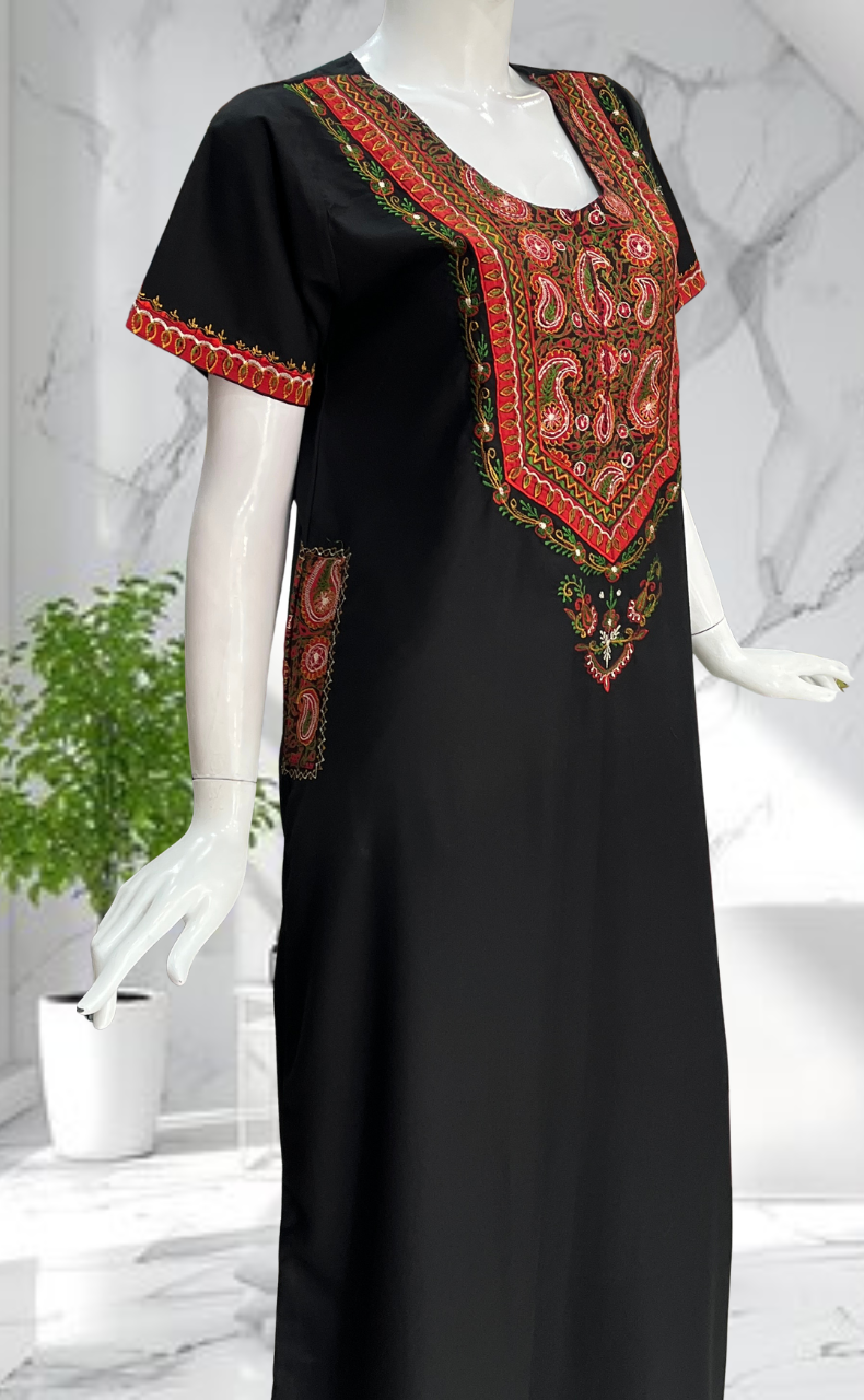 Black Bhopali Embroidery Soft Cotton Nighty. Soft Breathable Fabric | Laces and Frills