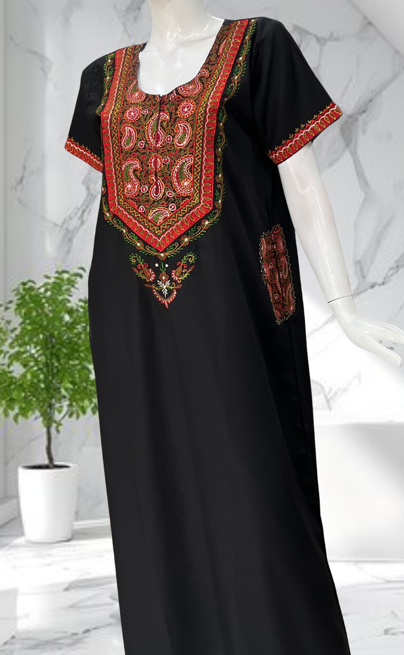 Black Bhopali Embroidery Soft Cotton Nighty. Soft Breathable Fabric | Laces and Frills