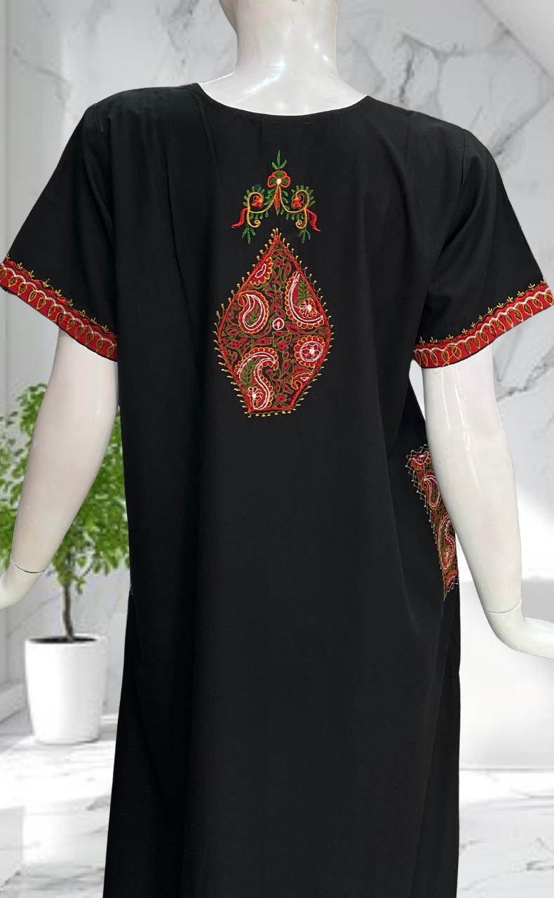 Black Bhopali Embroidery Soft Cotton Nighty. Soft Breathable Fabric | Laces and Frills