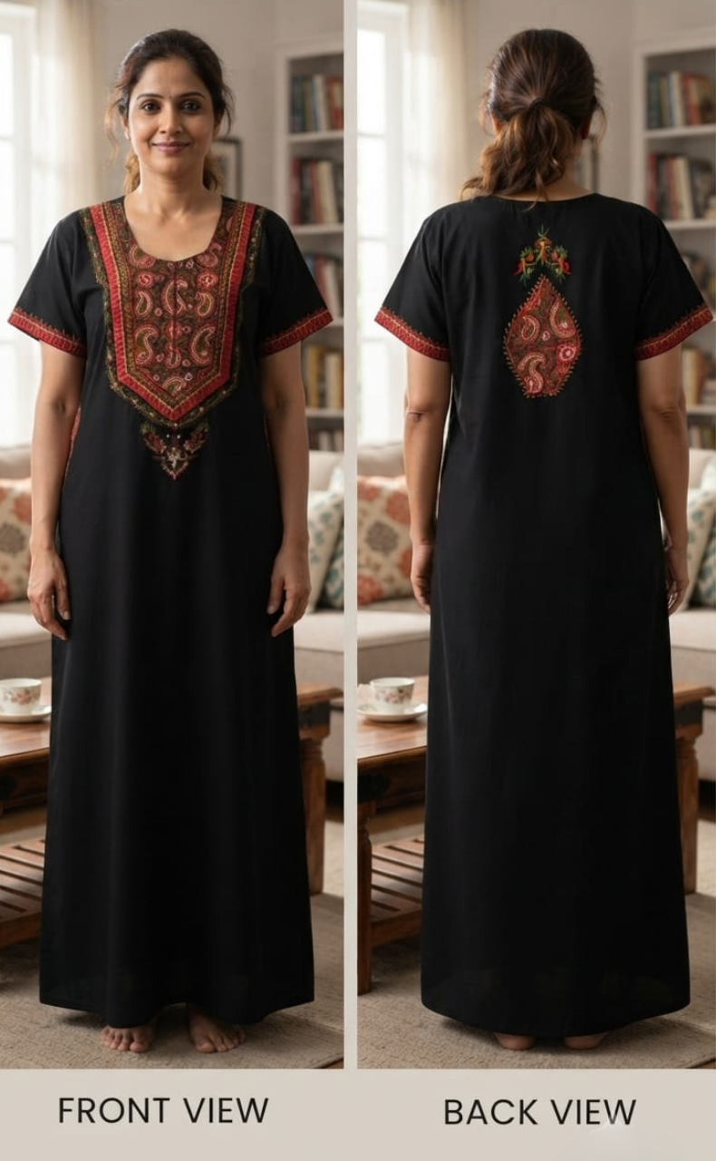 Black Bhopali Embroidery Soft Cotton Nighty. Soft Breathable Fabric | Laces and Frills