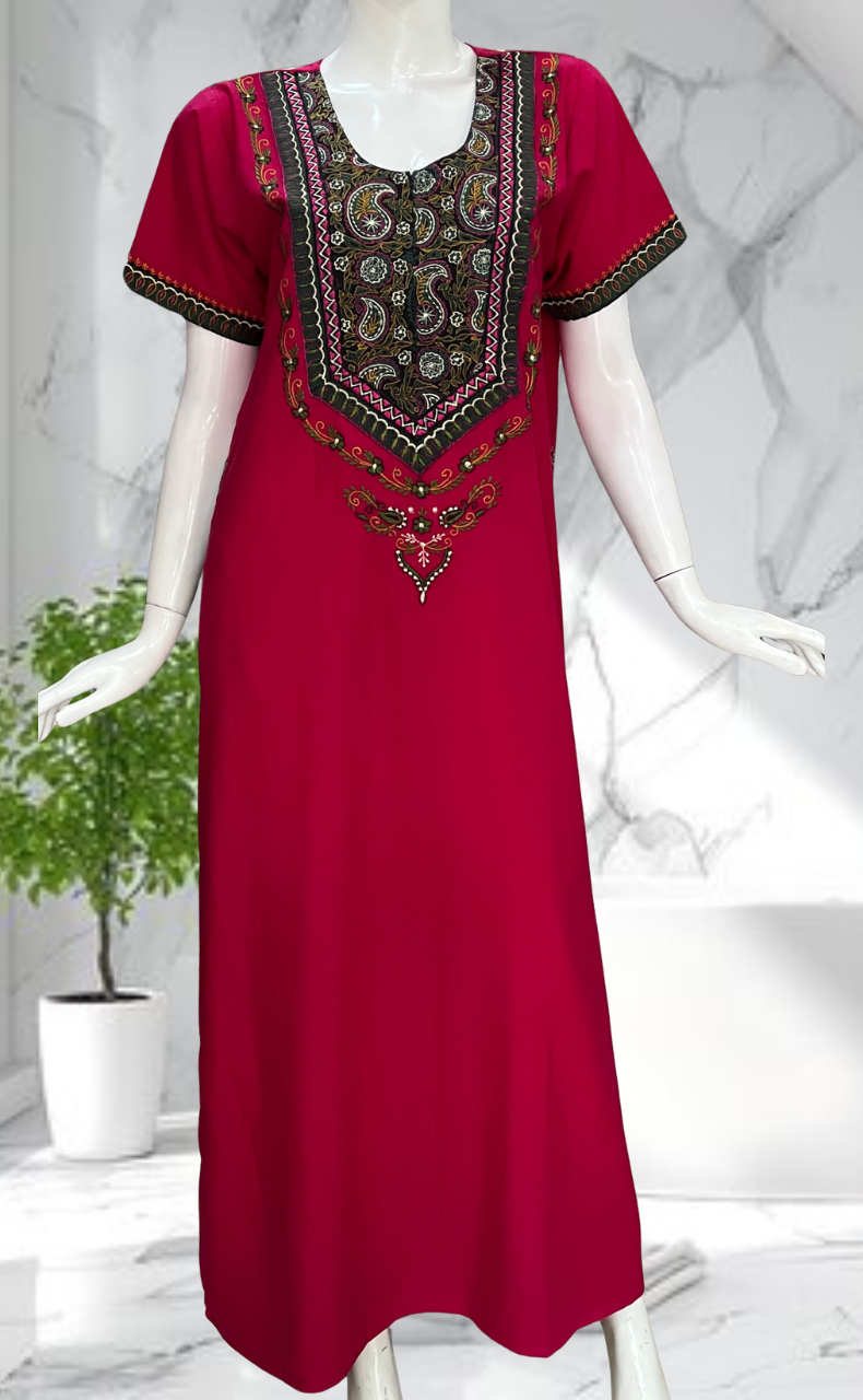 Pink Bhopali Embroidery Soft Cotton Nighty. Soft Breathable Fabric | Laces and Frills