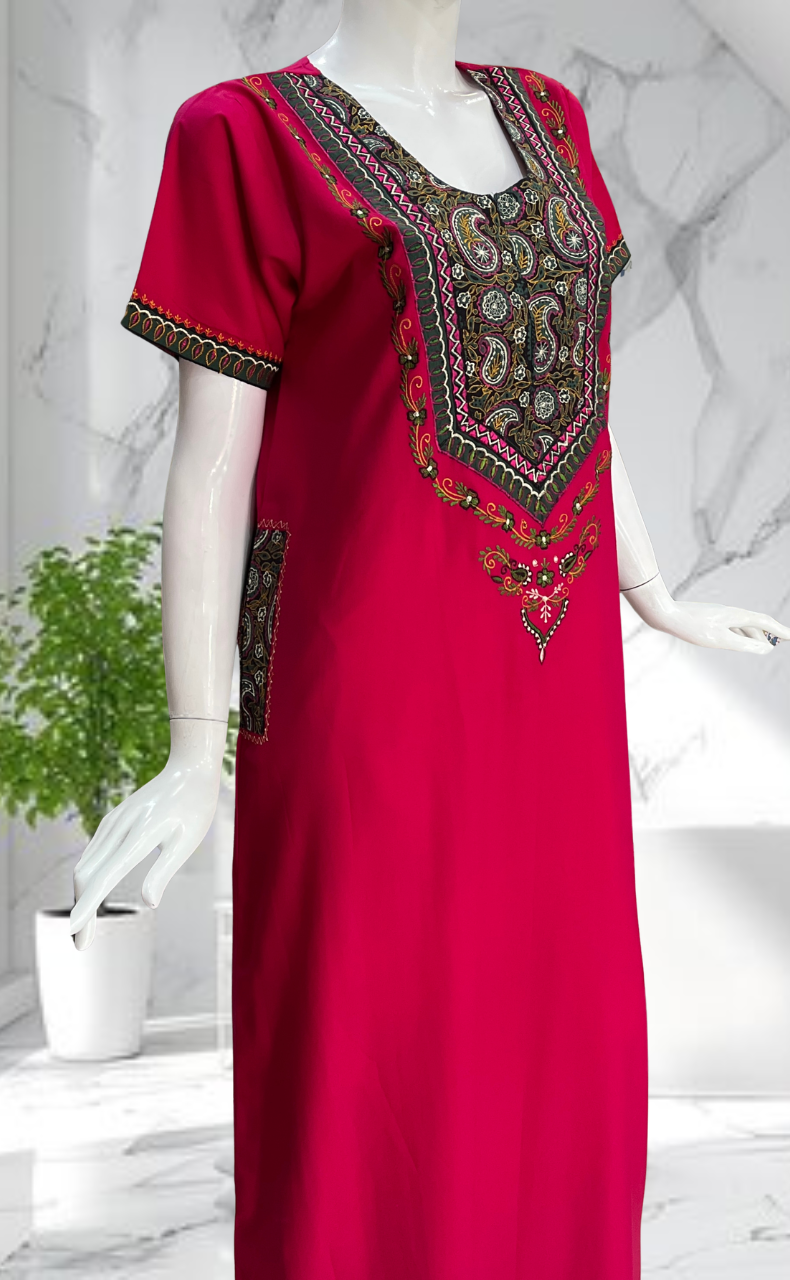 Pink Bhopali Embroidery Soft Cotton Nighty. Soft Breathable Fabric | Laces and Frills