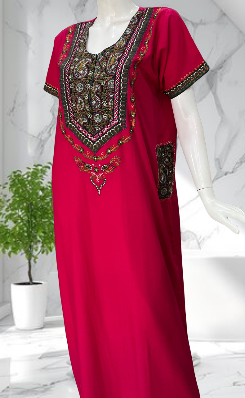 Pink Bhopali Embroidery Soft Cotton Nighty. Soft Breathable Fabric | Laces and Frills