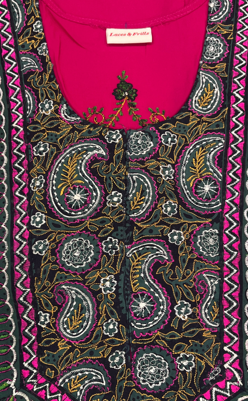 Pink Bhopali Embroidery Soft Cotton Nighty. Soft Breathable Fabric | Laces and Frills