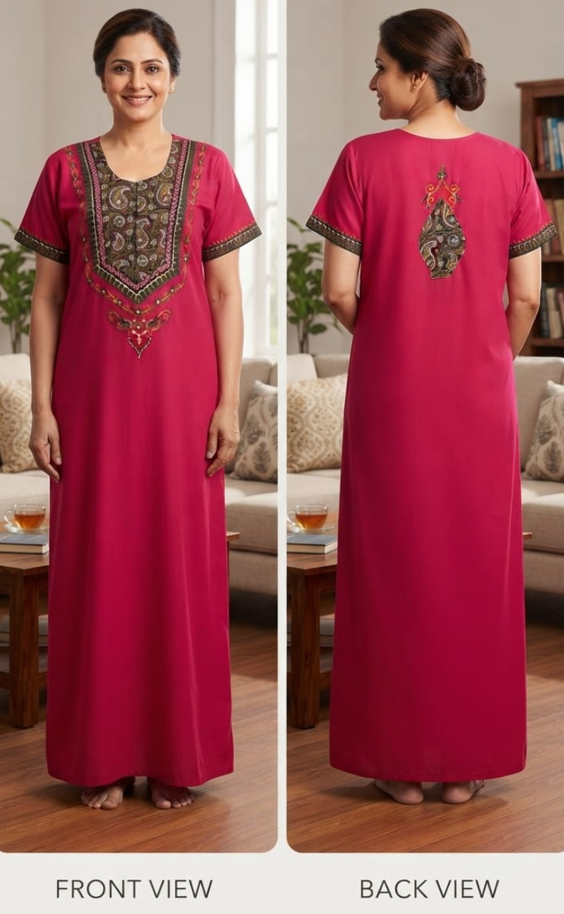 Pink Bhopali Embroidery Soft Cotton Nighty. Soft Breathable Fabric | Laces and Frills