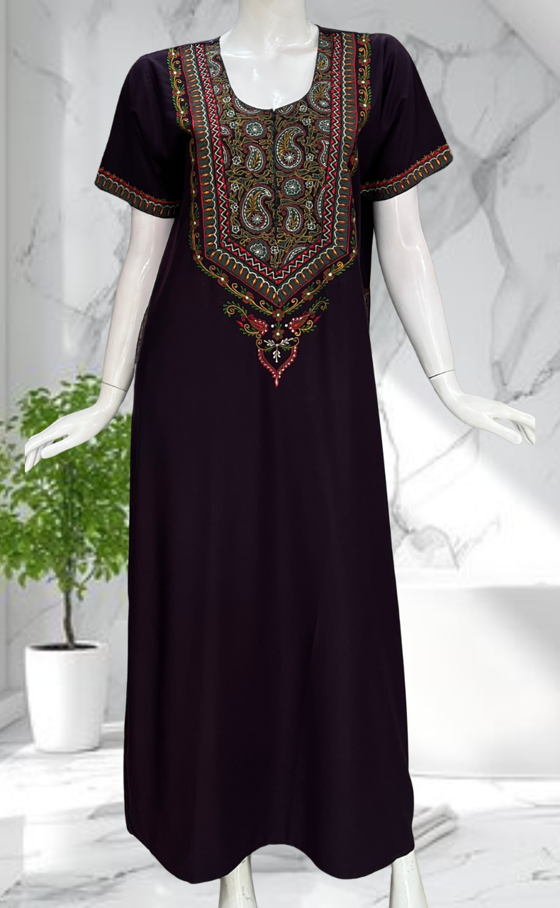 Violet Bhopali Embroidery Soft Cotton Nighty. Soft Breathable Fabric | Laces and Frills