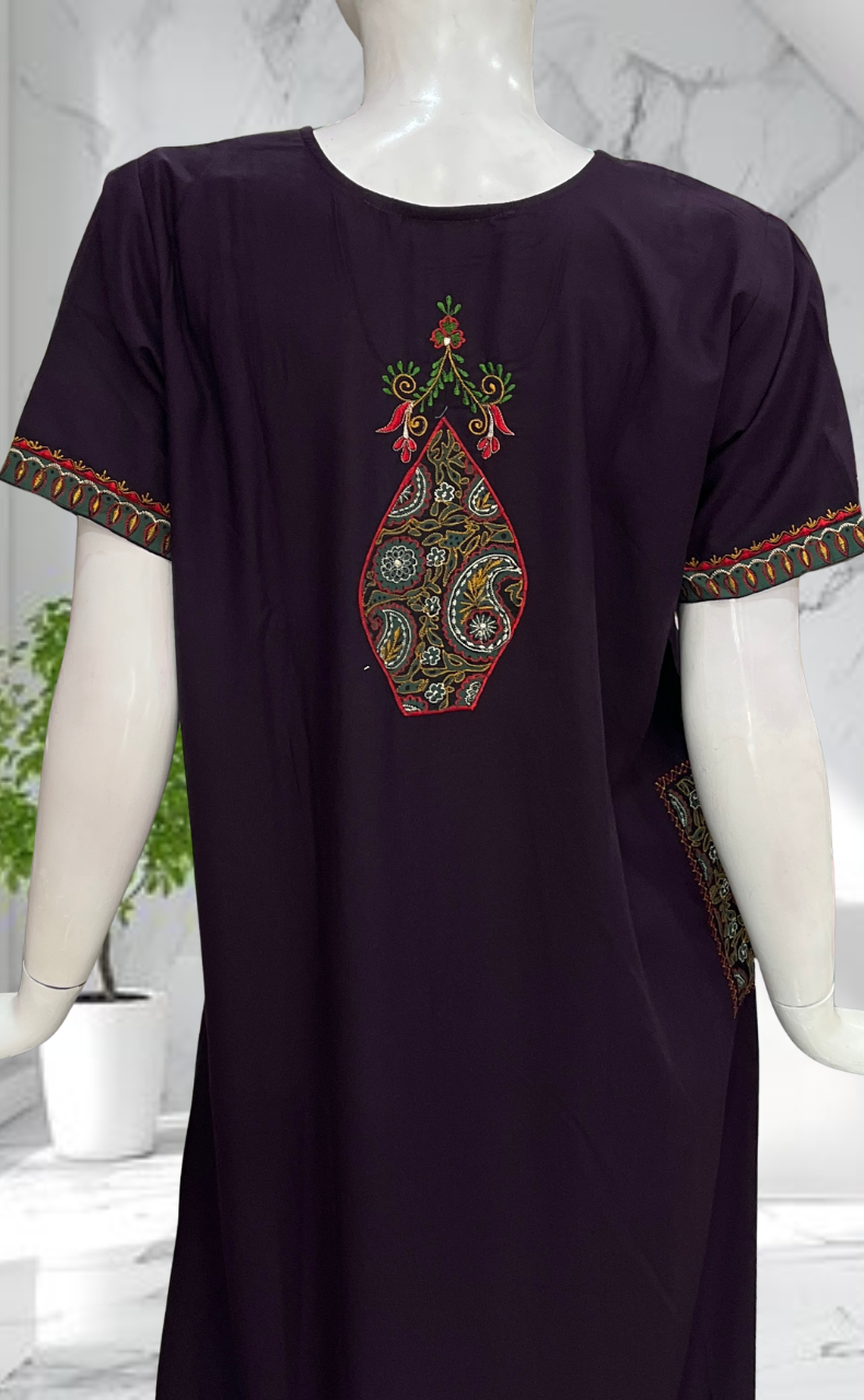 Violet Bhopali Embroidery Soft Cotton Nighty. Soft Breathable Fabric | Laces and Frills